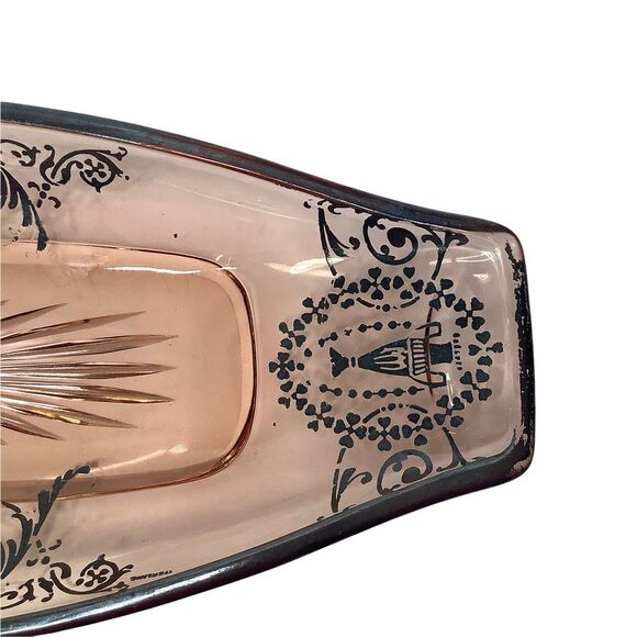 Pink Depression Oval Glass Plate Silver Scroll Overlay Pink 12" Vintage - Picture 3 of 12